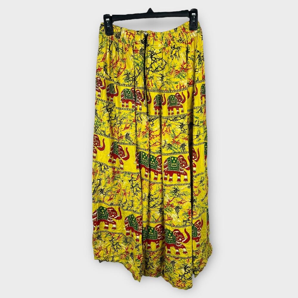 Tropical Bohemian Yellow‎ Tribal Elephant Print Elastic Waist Midi Skirt XS/S